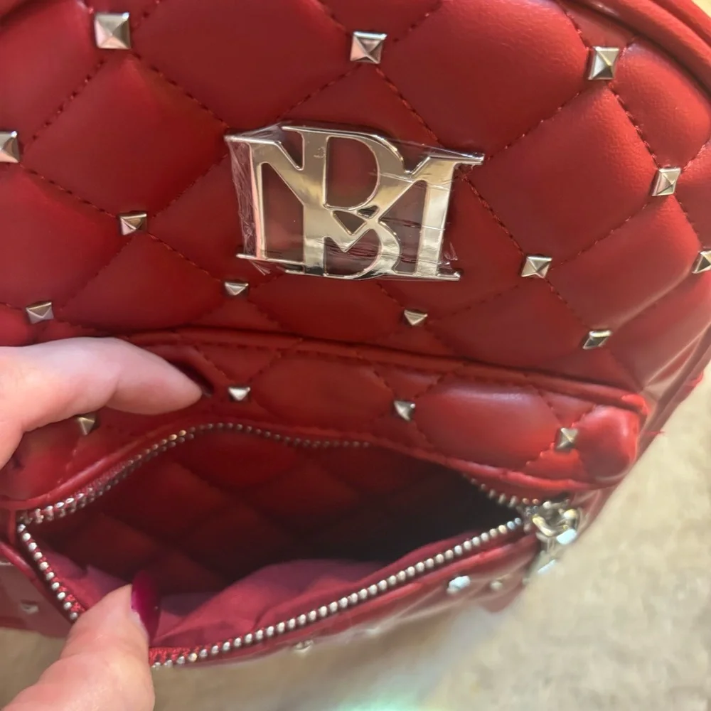 NWT Badgley Mischka Mini Backpack Red Quilted Silver Studded Vegan Leather New
